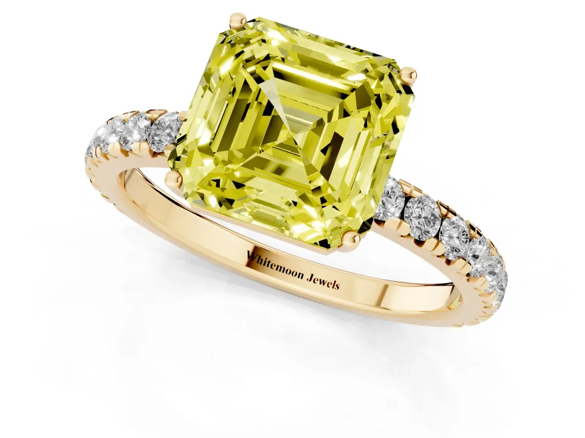 Fancy Yellow Asscher Cut Diamond Pavé Solitaire Engagement Ring with Four-Prong Setting Yellow gold