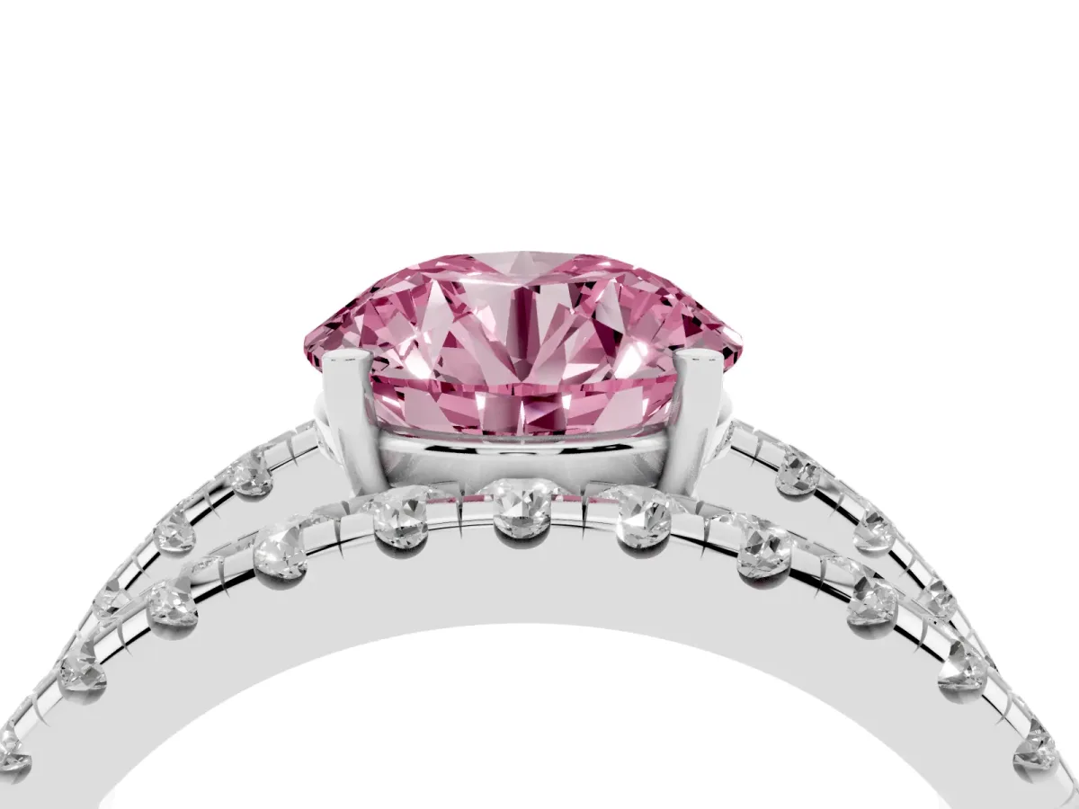 Fancy Pink Round Cut Solitaire Split Shank Pave Diamond Ring Silver