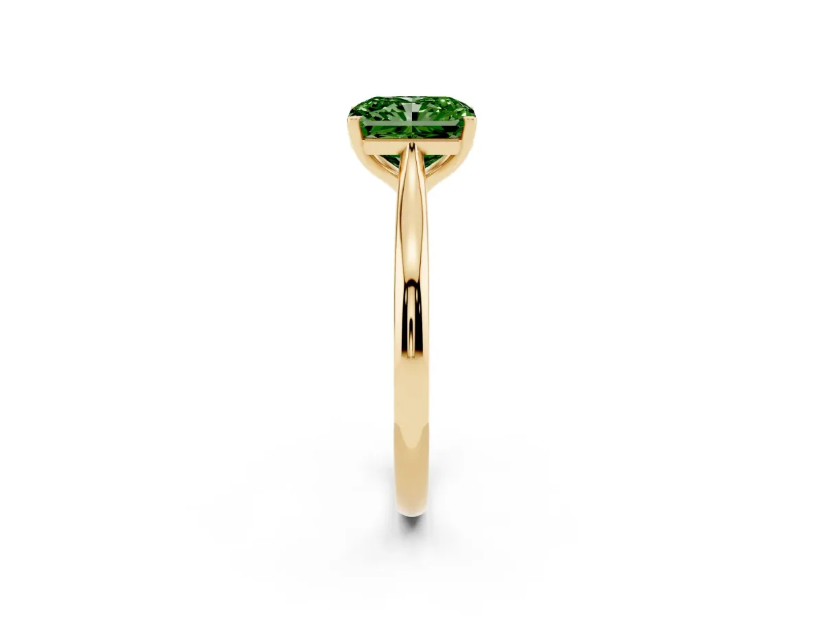 Fancy Green Radiant Cut Cut Solitaire Ring with Cathedral Band and Four-Prong Setting Yellow gold