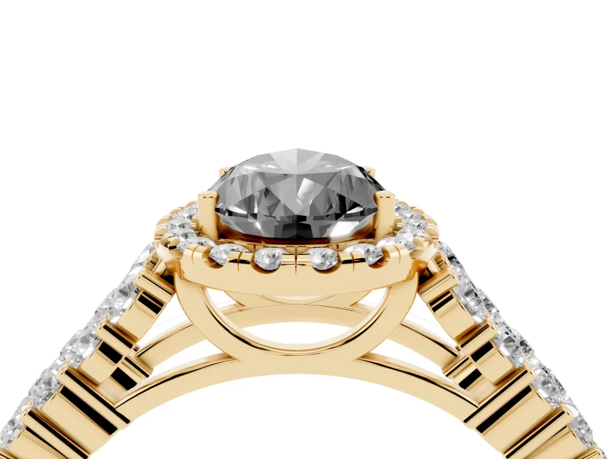 Fancy Black Pear Cut Diamond Halo Engagement Ring with Triple Row Round Pavé Band and Prong Setting Yellow gold