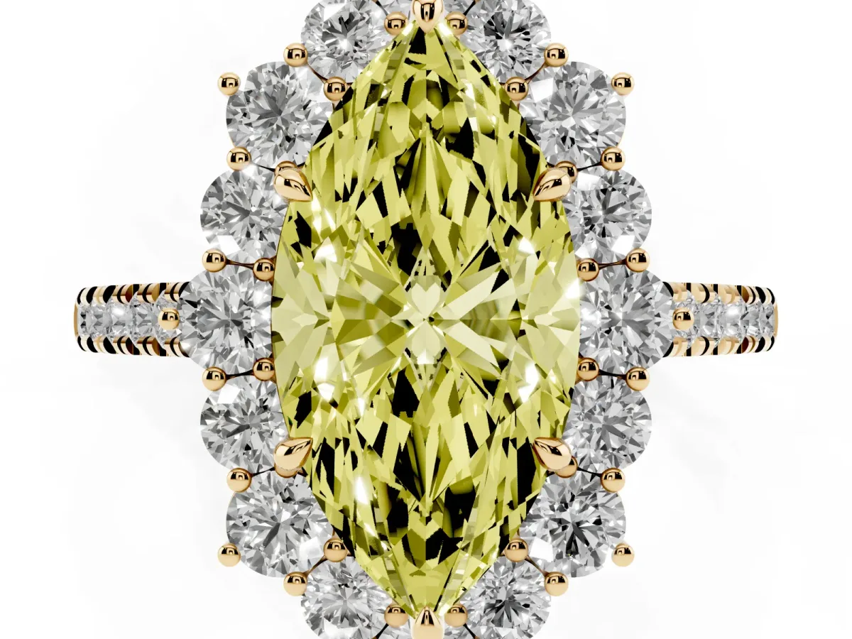 Fancy Yellow Marquise Cut Halo Diamond Ring with Pavé Band and Prong Setting Yellow gold