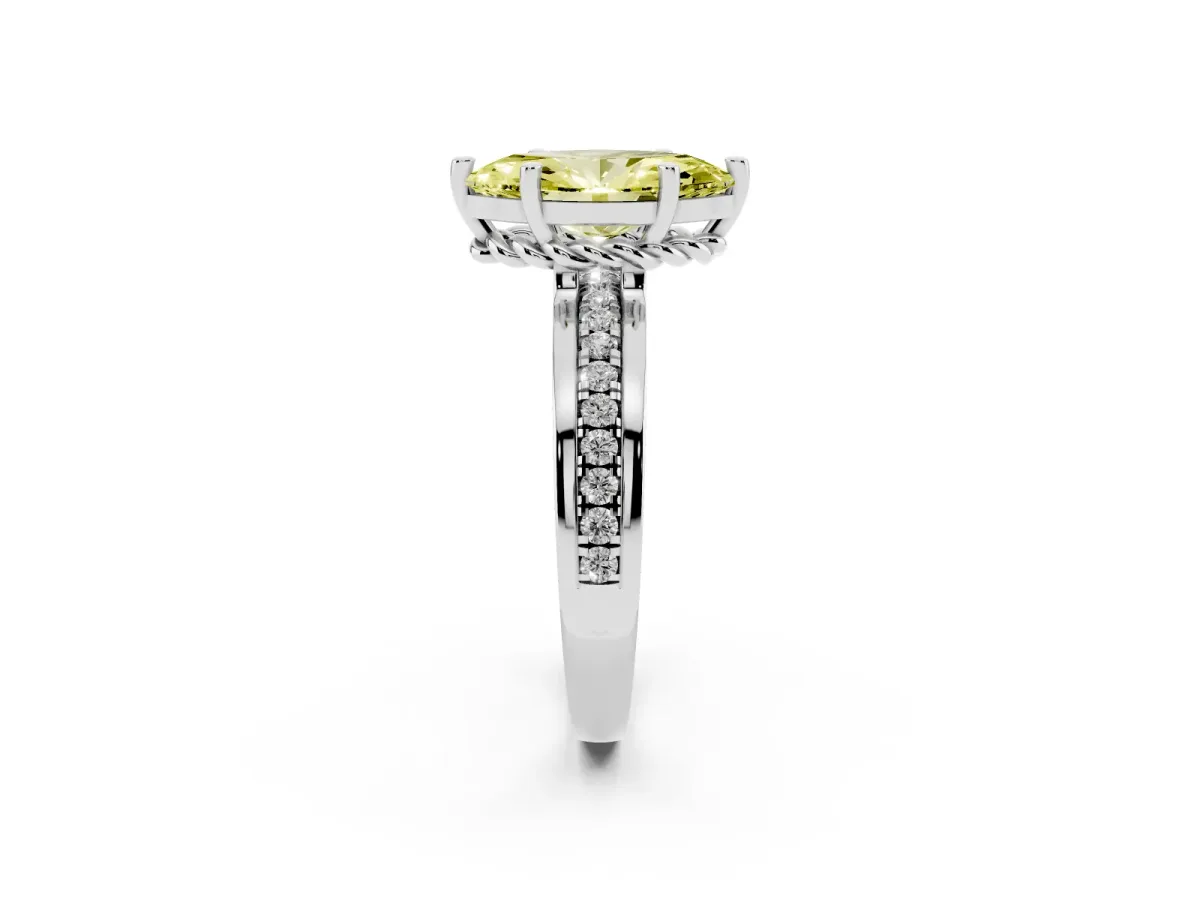 Fancy Yellow Marquise Cut Solitaire Diamond Ring with Channel Set Band and Six-Prong Setting White gold