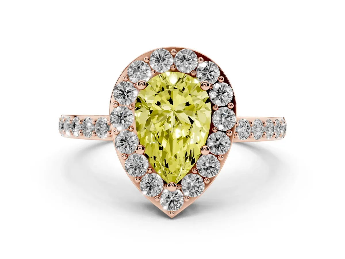 Fancy Yellow Pear Cut Halo Diamond Pavé Band Ring with Prong Setting Rose gold