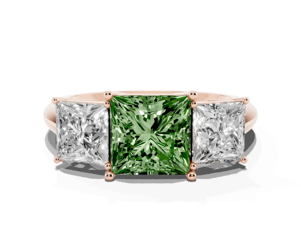 Fancy Green Three-Stone Princess Cut Cut Diamond Engagement Ring with Prong Setting on a White Gold Band Rose gold