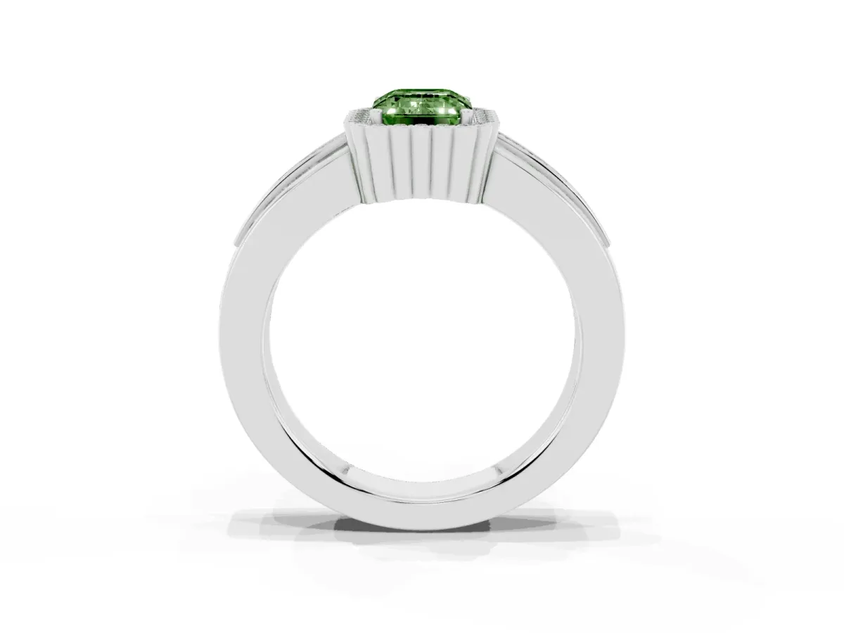 Fancy Green Emerald Cut Cut Halo Pave Band Four-Prong Ring Silver
