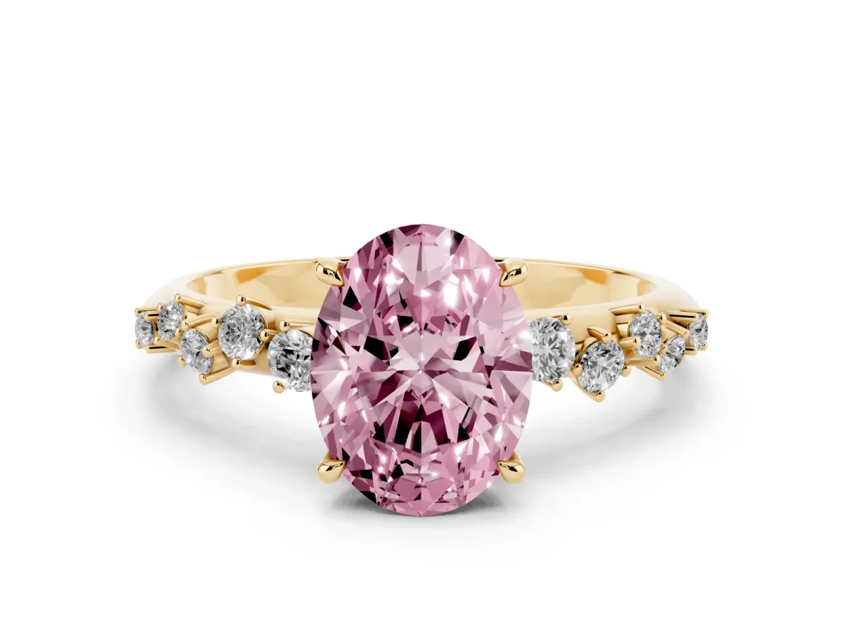 Fancy Pink Oval Cut Diamond Cluster Side Stone Solitaire Ring with Prong Setting Yellow gold