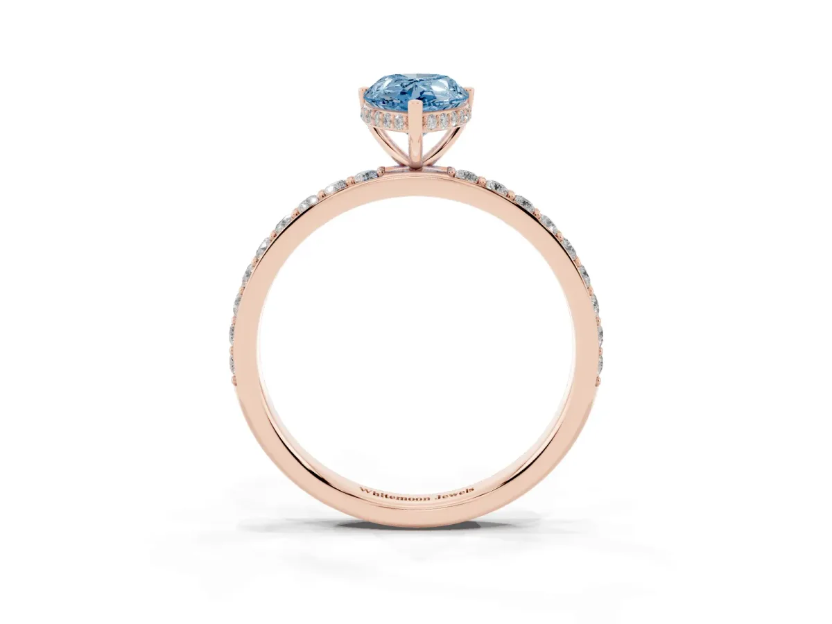 Fancy Blue Pear Cut Diamond Solitaire Ring with Pavé Band and Hidden Halo Rose gold