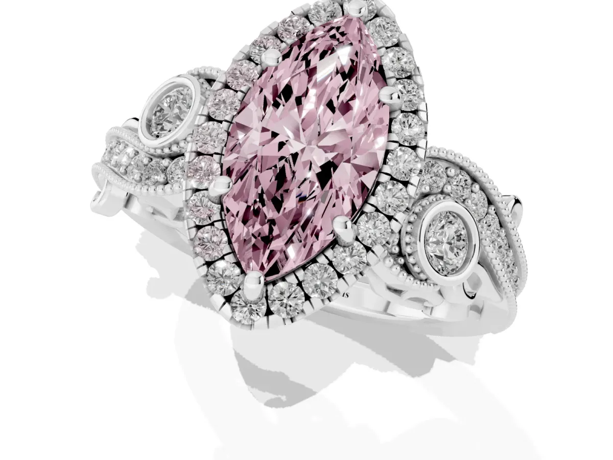 Fancy Pink Marquise Cut Halo Diamond Ring with Milgrain and Bezel Accents on a Split Shank Band White gold