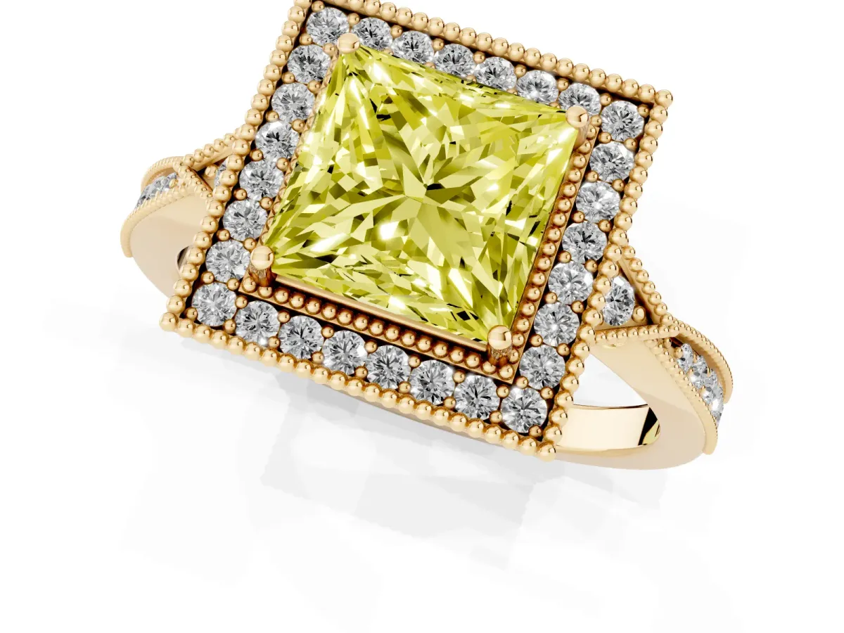 Fancy Yellow Princess Cut Halo Round Diamond Milgrain Pave Engagement Ring Yellow gold