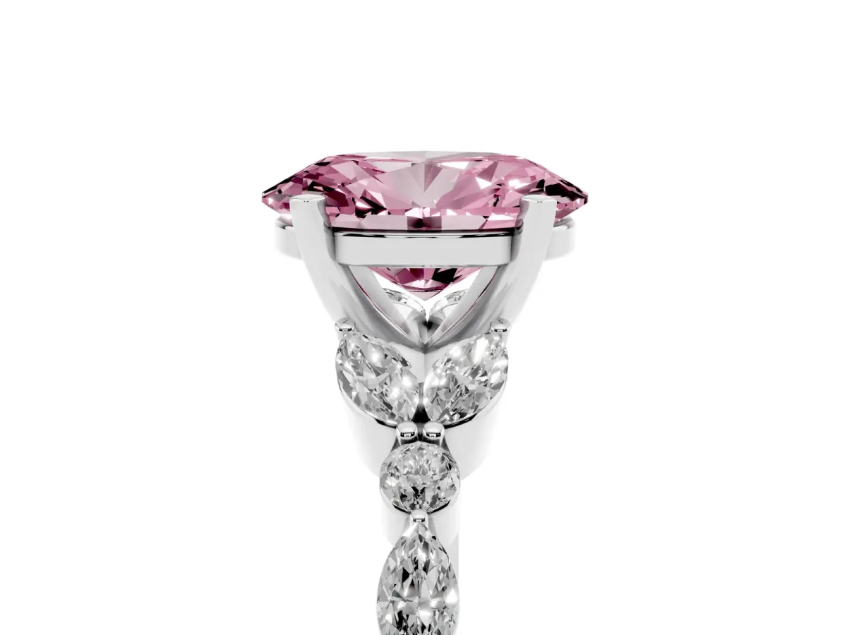 Fancy Pink Oval Cut Diamond Solitaire Ring with Side Stones and Four-Prong Setting Silver