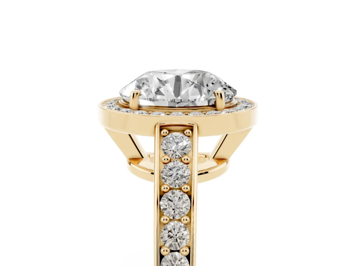 Round Cut Halo Pavé Diamond Engagement Ring with Bezel Setting Yellow gold