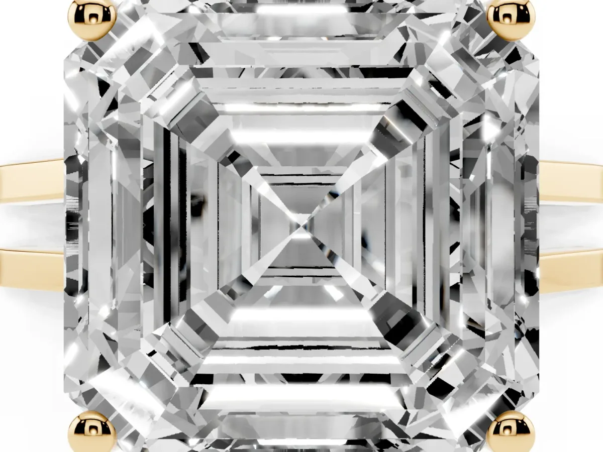 Asscher Cut Cut Diamond Solitaire Engagement Ring with Tapered Plain Band and Four-Prong Setting Yellow gold