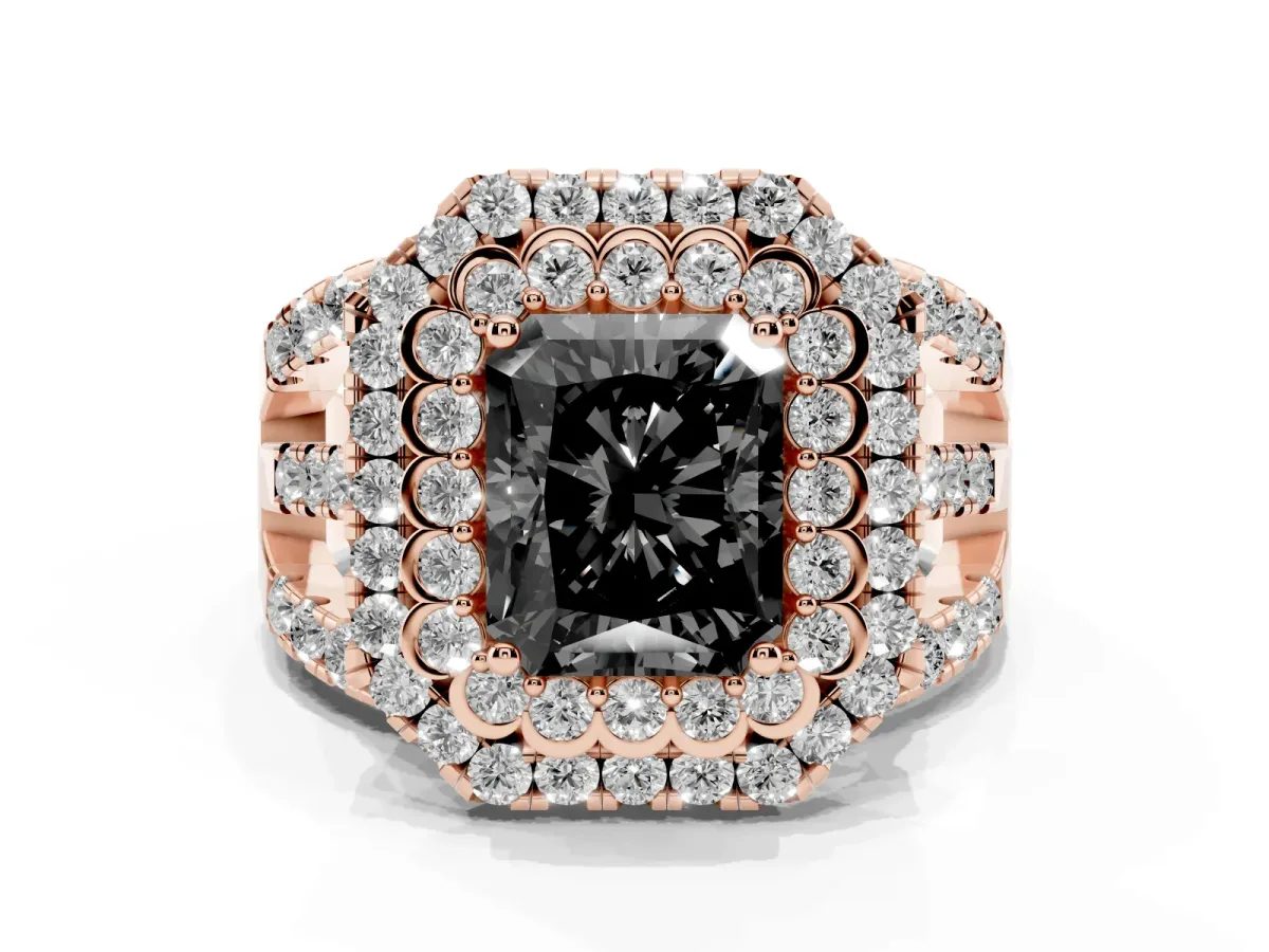 Fancy Black Radiant Cut Diamond Double Halo Ring with Round Pavé Split Shank and Prong Setting Rose gold