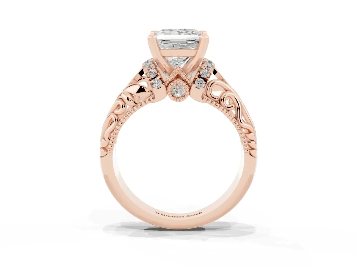 Princess Cut Solitaire Filigree Engagement Ring with Halo and Prong Setting Rose gold