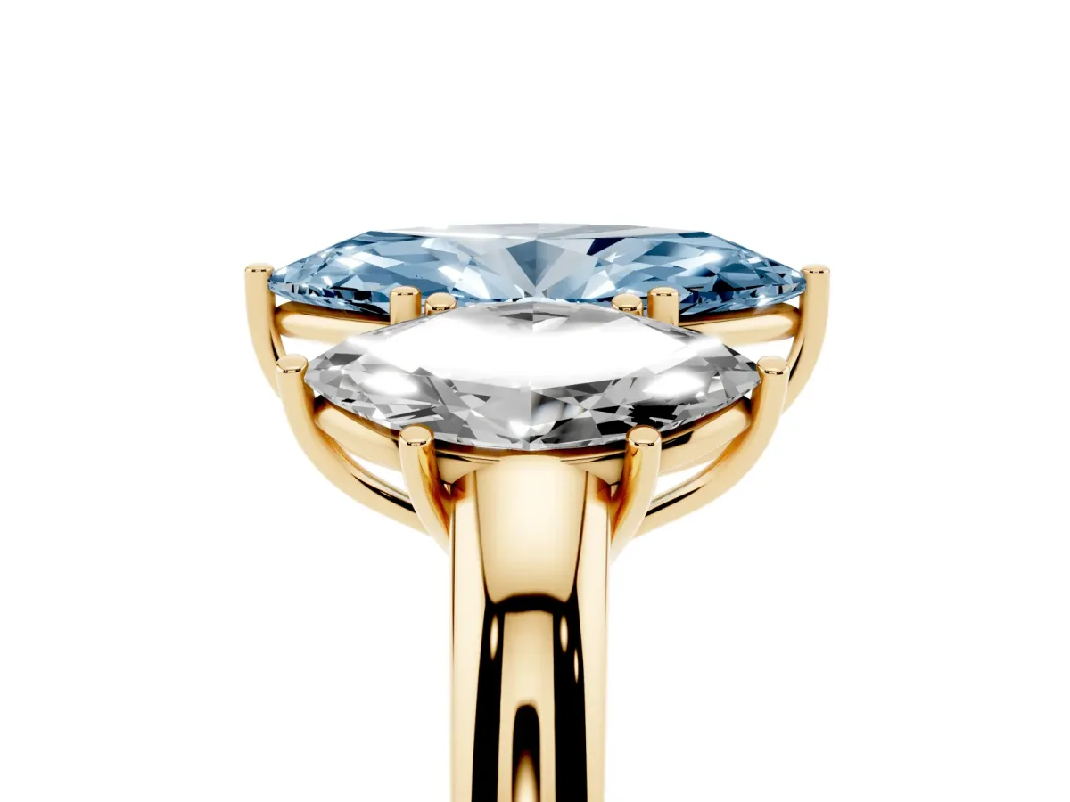 Fancy Blue Marquise Cut Diamond Three-Stone Ring with Four-Prong Setting and Classic Band Yellow gold