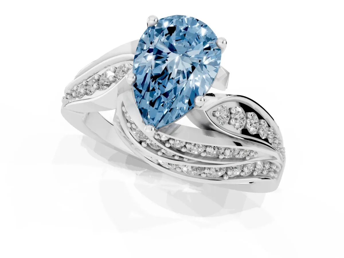 Fancy Blue Pear Cut Diamond Solitaire Ring with Prong Setting and Twisted Pavé Band Silver
