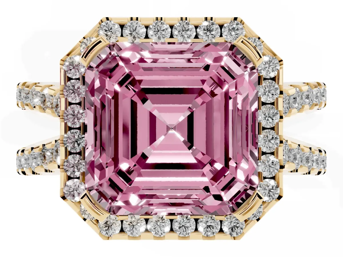 Fancy Pink Asscher Cut Diamond Halo Ring with Split Shank Pavé Band and Prong Setting Yellow gold