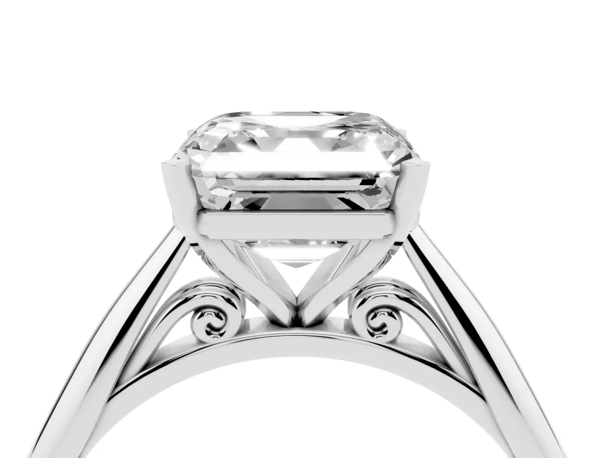 Asscher Cut Diamond Solitaire Engagement Ring with Cathedral Setting and Four-Prong Mount White gold