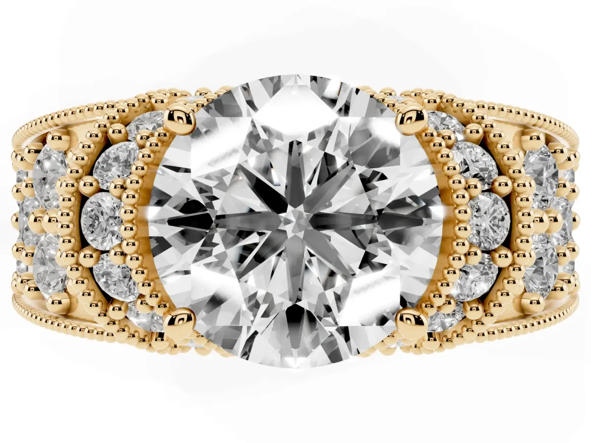 Round Cut Halo Pave Diamond Engagement Ring with Milgrain Detailing Yellow gold