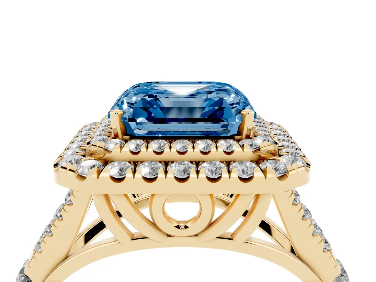 Fancy Blue Asscher Cut Cut Double Halo Split Shank Diamond Ring with Prong Setting Yellow gold