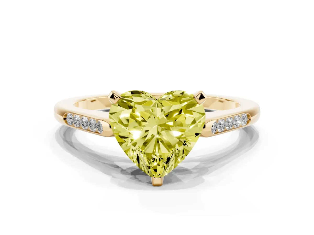 Fancy Yellow Heart Cut Diamond Solitaire Ring with Channel Set Round Band and Prong Setting Yellow gold