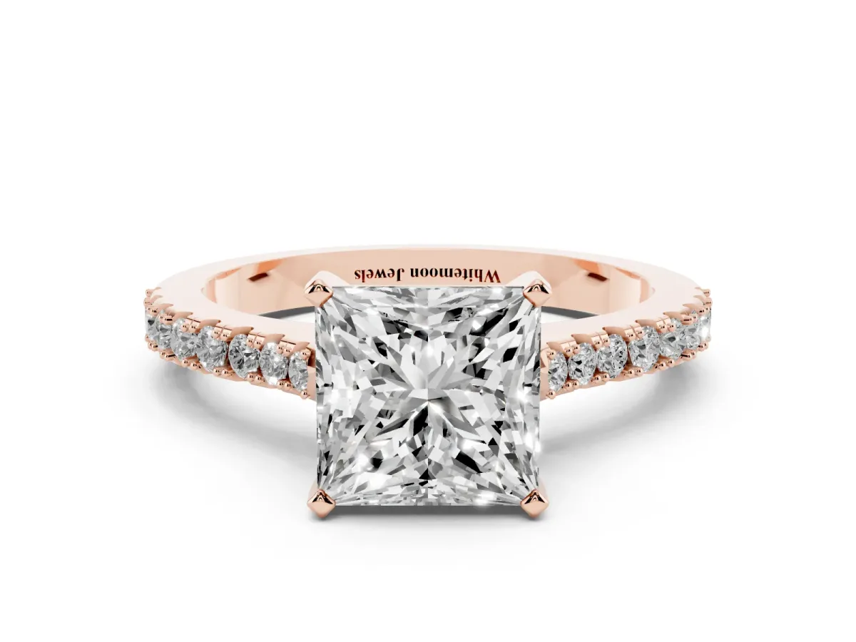 Princess Cut Cut Solitaire Diamond Engagement Ring with Pave Band and Four-Prong Setting Rose gold