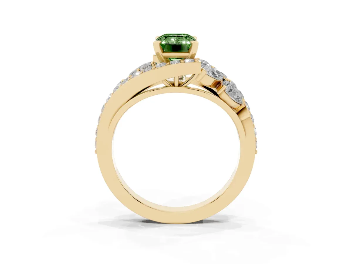 Fancy Green Emerald Cut Diamond Halo Ring with Marquise and Pavé Band in Prong Setting Yellow gold