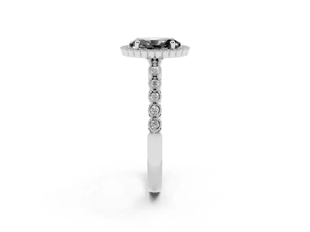 Fancy Black Oval Cut Cut Halo Pavé Solitaire Ring with Milgrain Band Silver