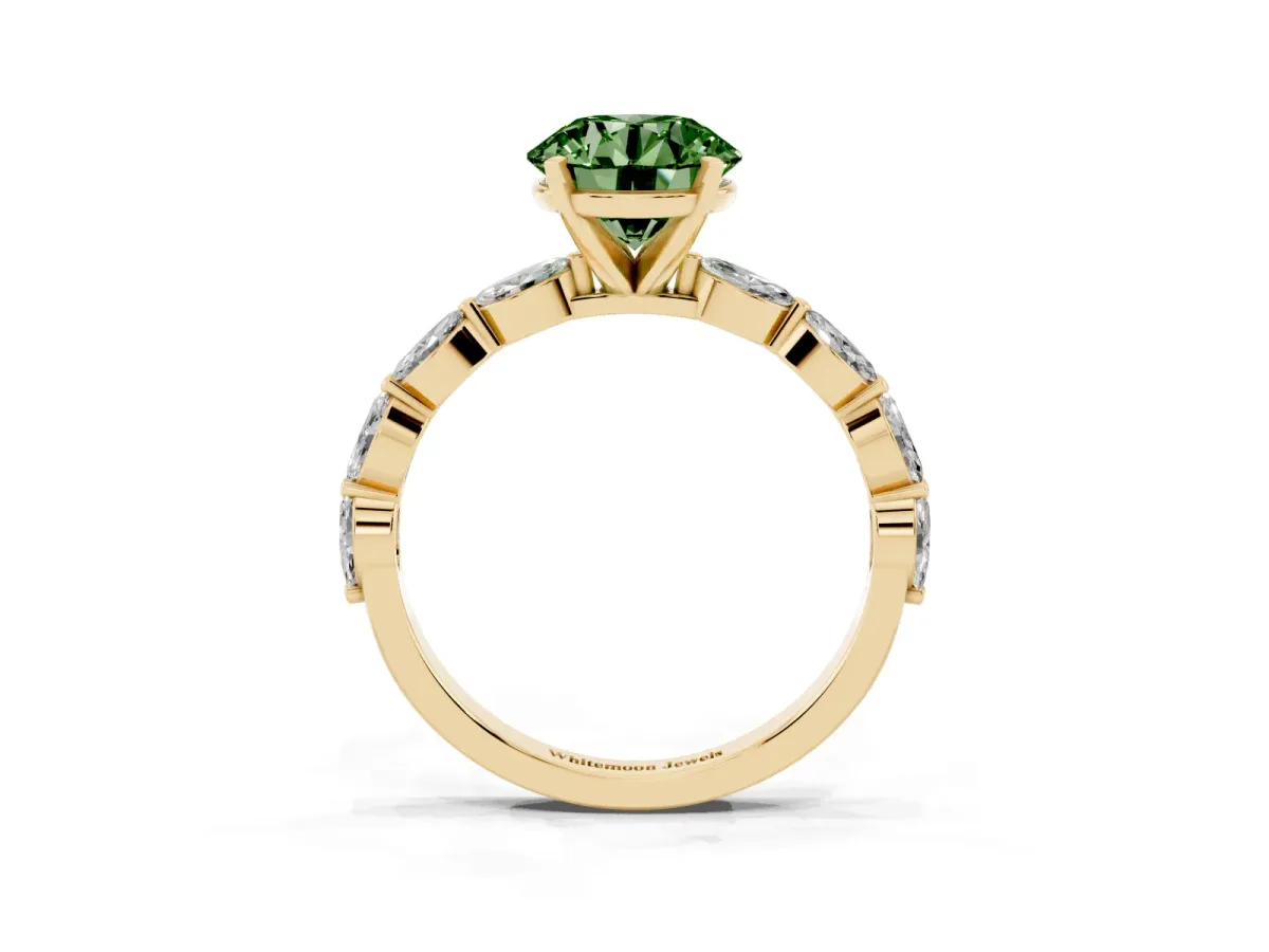 Fancy Green Round Cut Diamond Ring with Marquise Side Stones and Prong Setting Yellow gold
