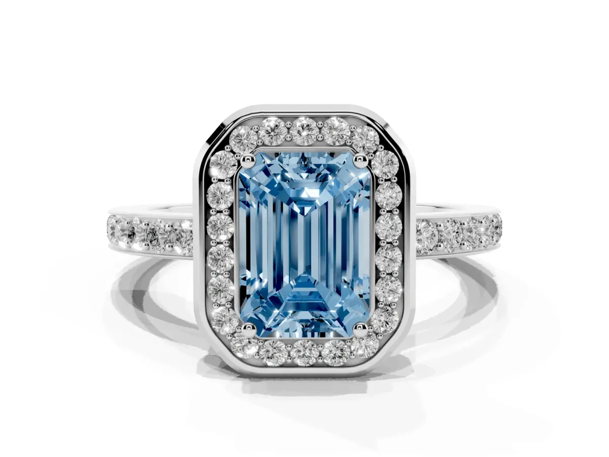 Fancy Blue Emerald Cut Diamond Halo Ring with Bezel Frame and Pavé Band Silver