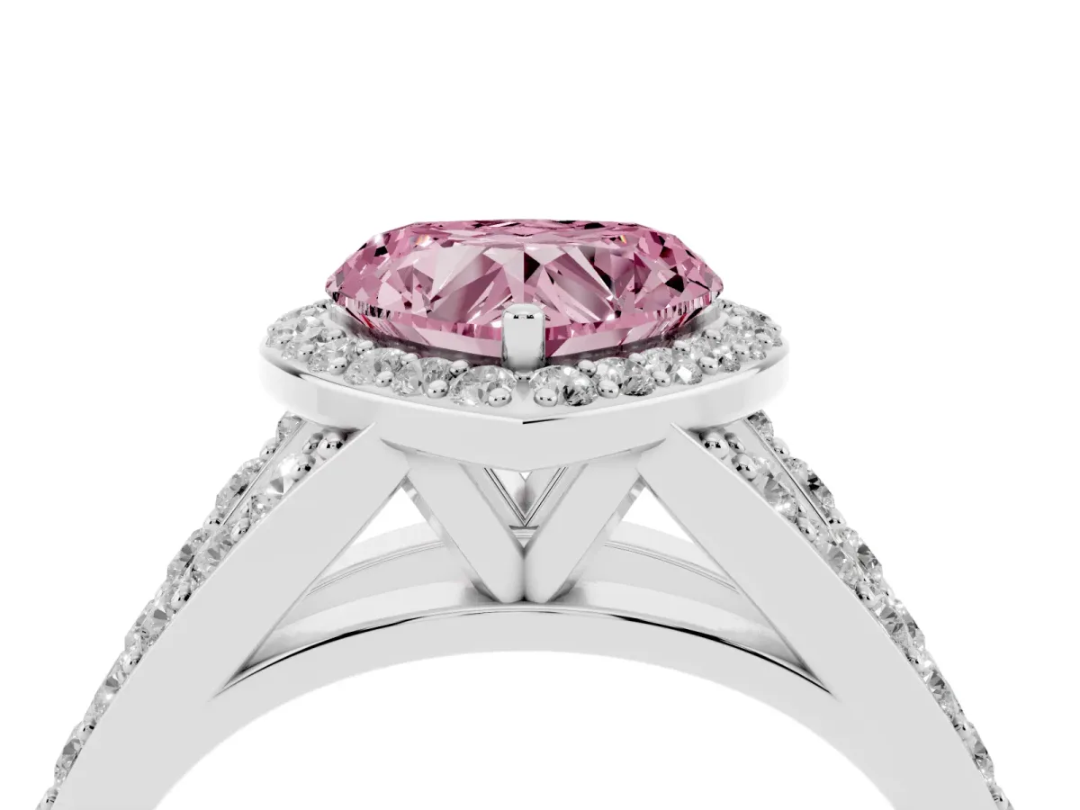 Fancy Pink Heart Cut Diamond Split Shank Halo Ring with Four-Prong Setting Platinum