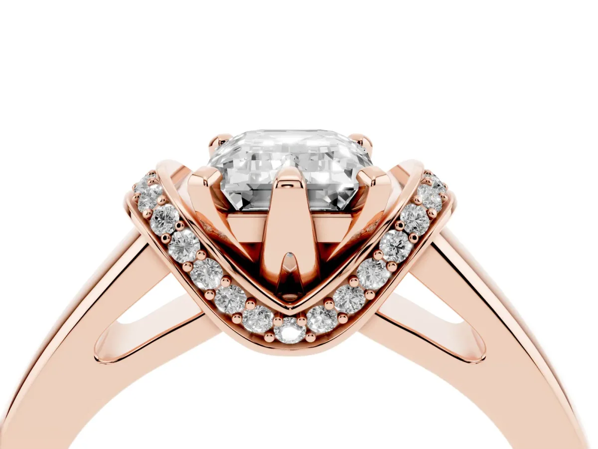 Emerald Cut Solitaire Diamond Ring with Pave Band and Six-Prong Setting Rose gold
