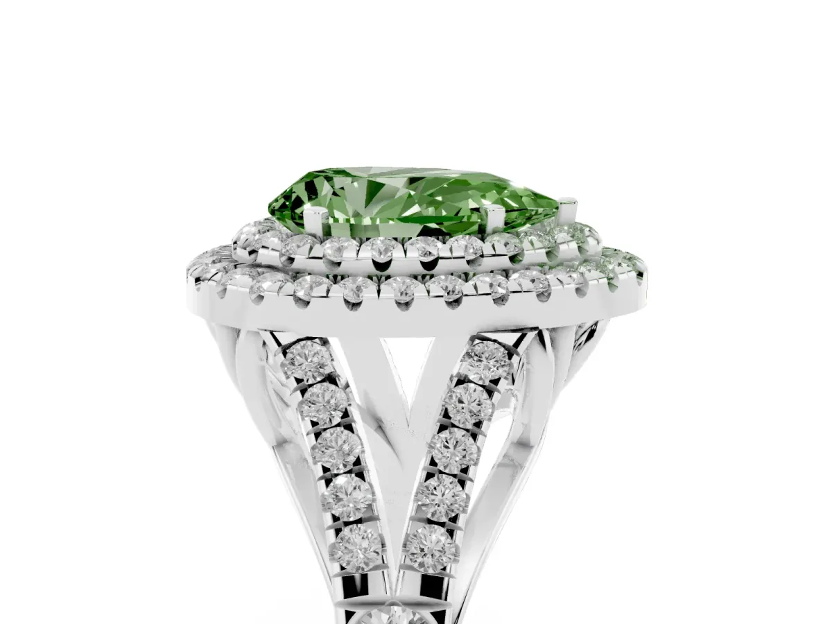 Fancy Green Double Halo Pear Cut Diamond Split Shank Engagement Ring with Four-Prong Setting Silver