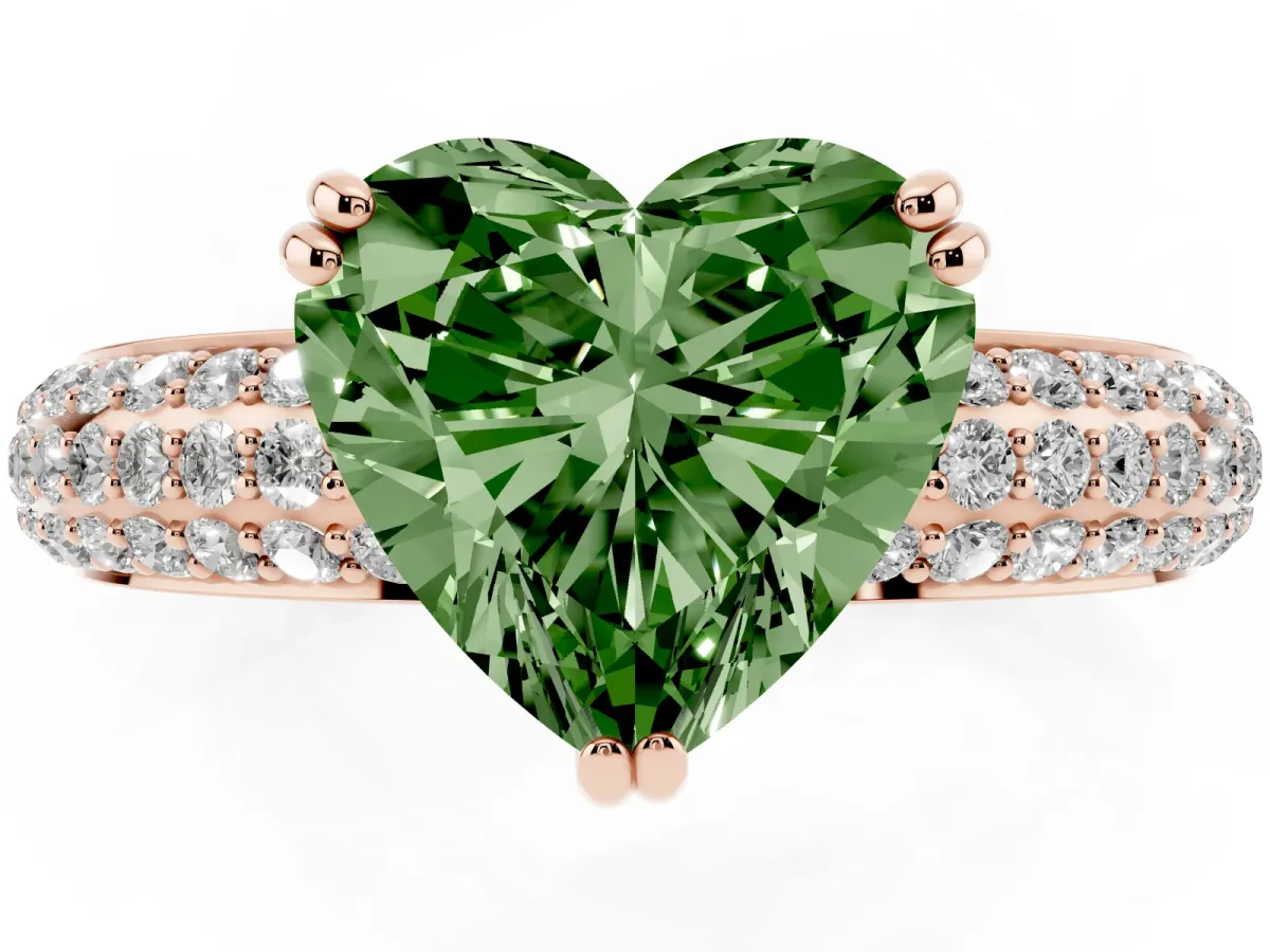 Fancy Green Heart Cut Diamond Solitaire Ring with Multi-Row Round Pavé Band and Prong Setting Rose gold