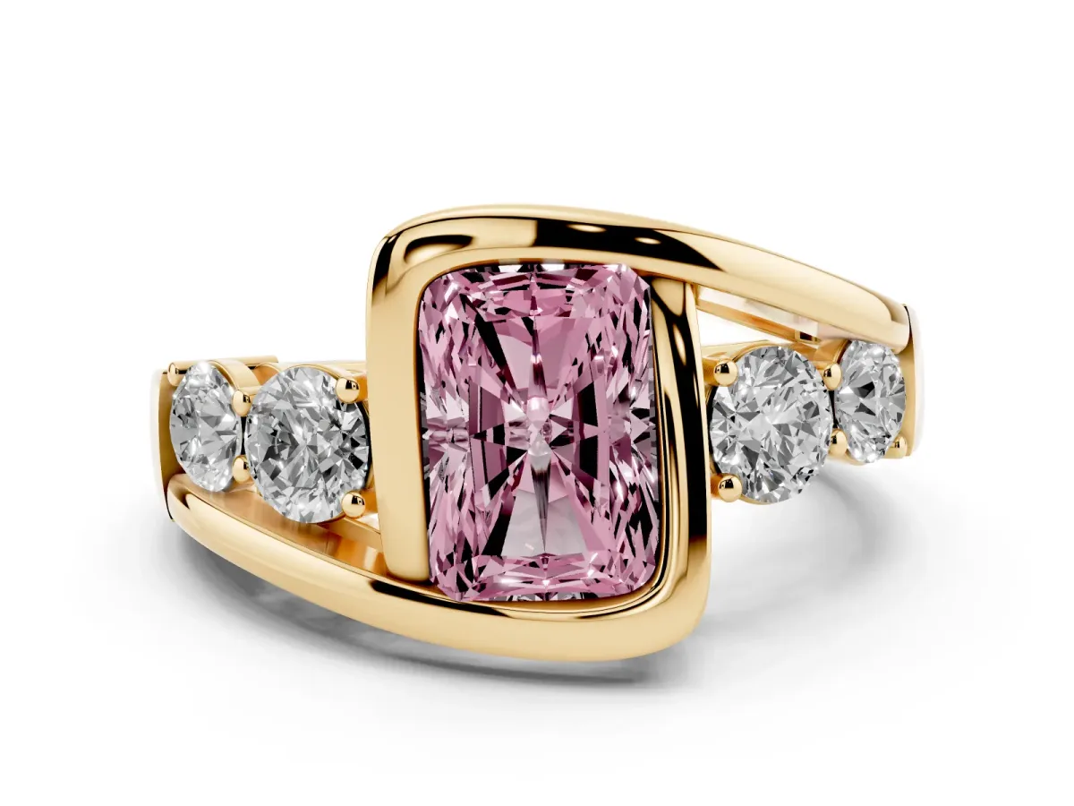 Fancy Pink Bezel Set Radiant Cut Diamond Bypass Ring with Round Accents Yellow gold