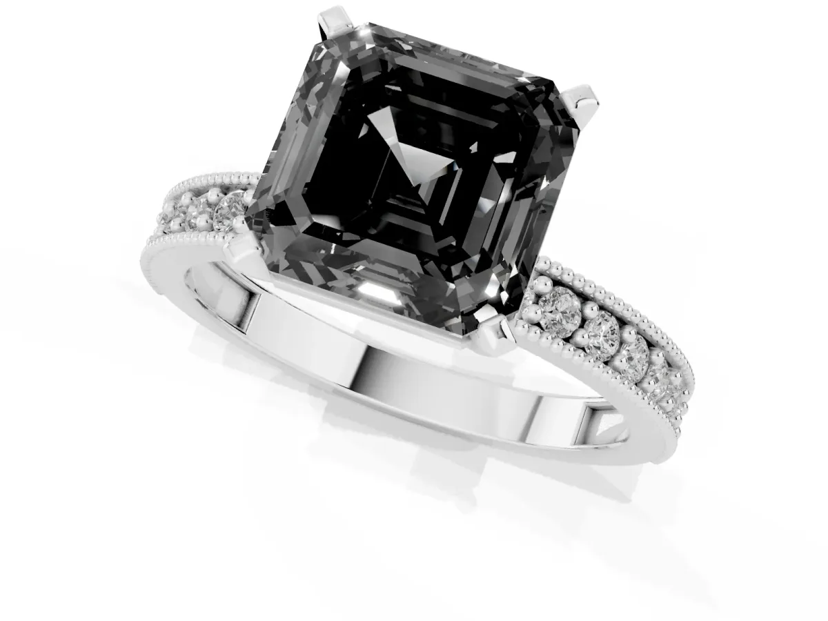 Fancy Black Asscher Cut Diamond Milgrain Pavé Engagement Ring with Four-Prong Setting Silver