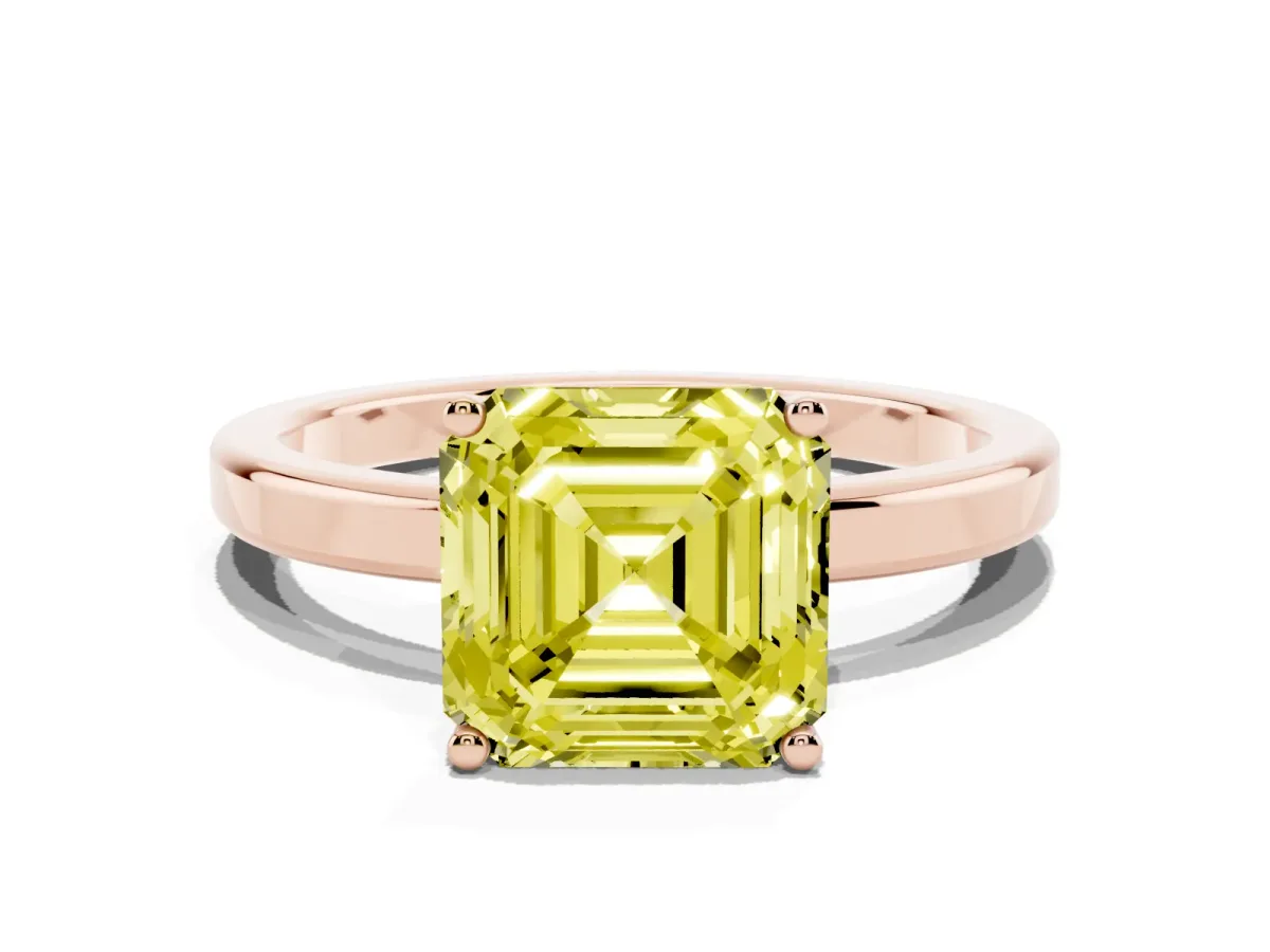 Fancy Yellow Asscher Cut Cut Solitaire Engagement Ring with Four-Prong Setting on a Classic Band Rose gold