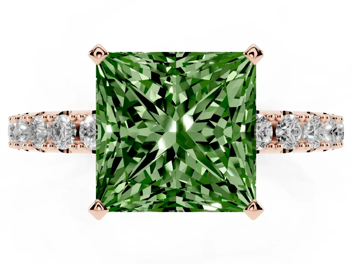 Fancy Green Princess Cut Diamond Solitaire Pavé Band with Four-Prong Setting Rose gold