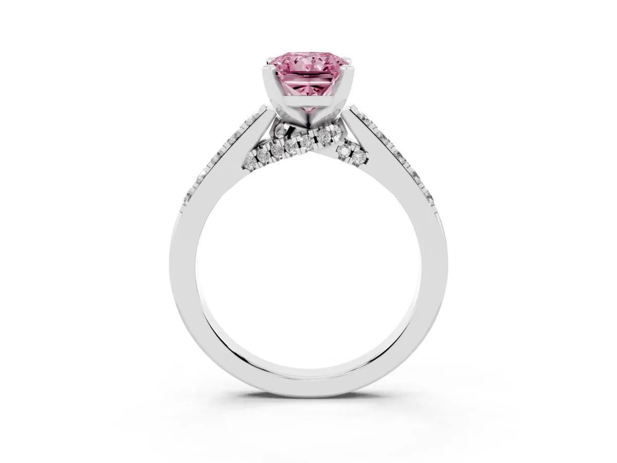 Fancy Pink Radiant Cut Diamond Solitaire Ring with Crossover Gallery and Round Pavé Band Platinum
