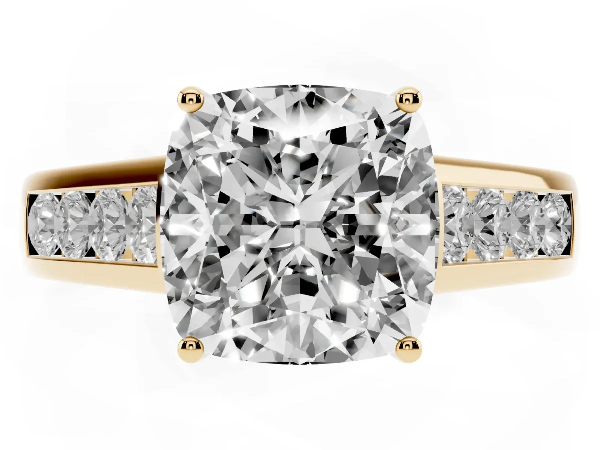 Cushion Cut Solitaire Channel-Set Diamond Engagement Ring with Four-Prong Setting Yellow gold