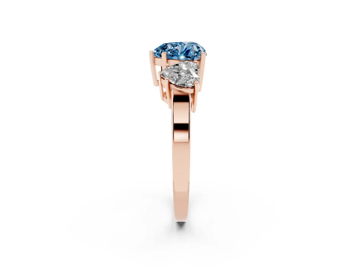 Fancy Blue Three-Stone Heart Cut Cut Diamond Engagement Ring with Flat Band and Four-Prong Setting Rose gold