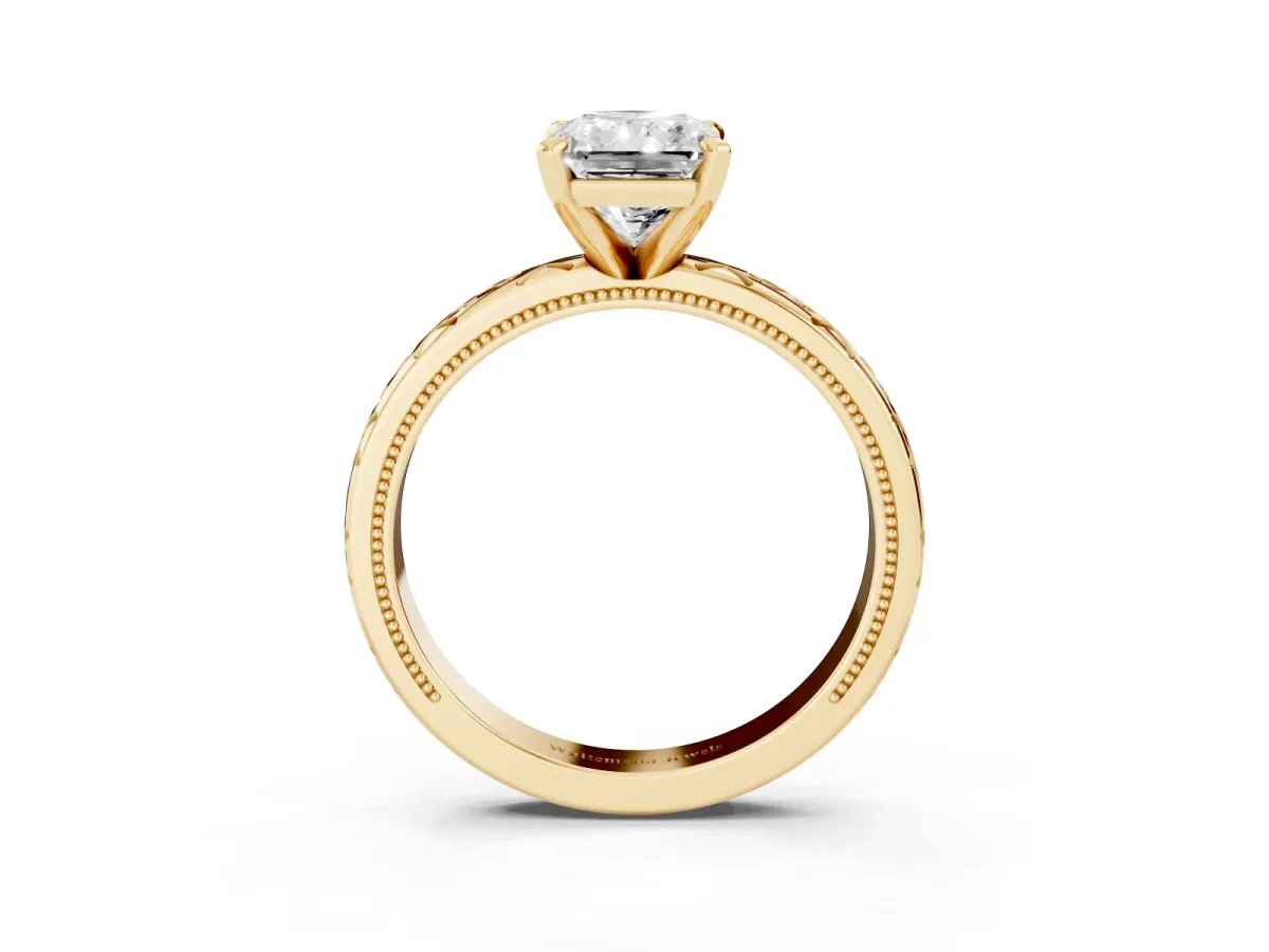 Radiant Cut Solitaire Engagement Ring with Scrollwork Band and Four-Prong Setting Yellow gold