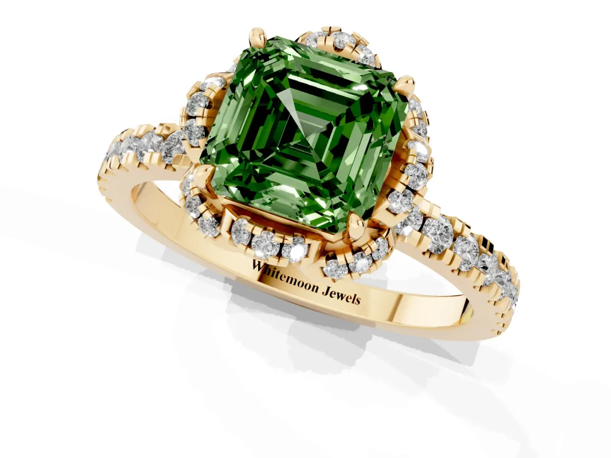 Fancy Green Asscher Cut Halo Diamond Pave Band Ring with Four-Prong Setting Yellow gold