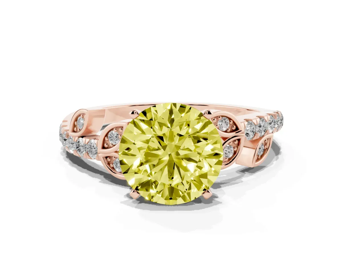 Fancy Yellow Round Cut Solitaire Leaf-Inspired Diamond Ring with Pavé Band and Four-Prong Setting Rose gold
