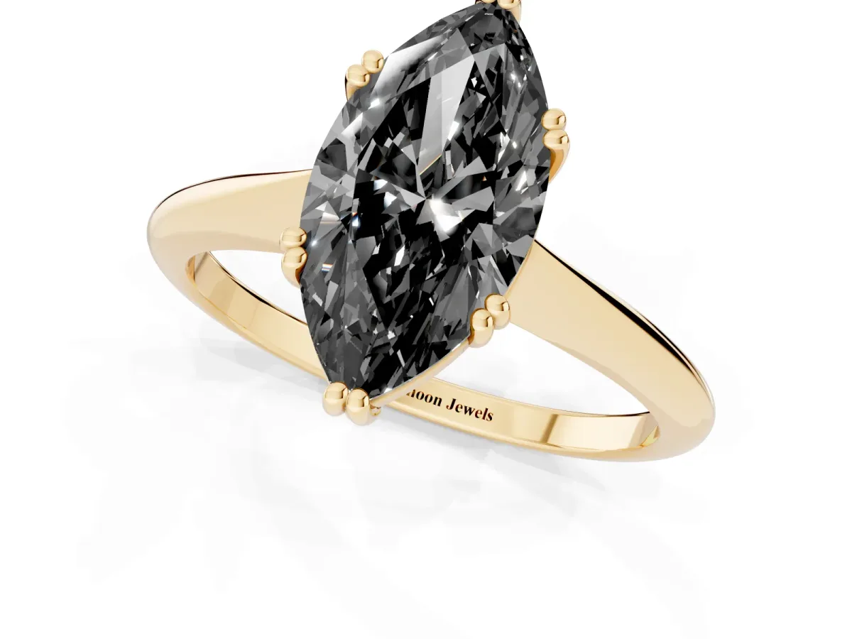 Fancy Black Marquise Cut Solitaire Diamond Ring with Six-Prong Setting and Classic Band Yellow gold