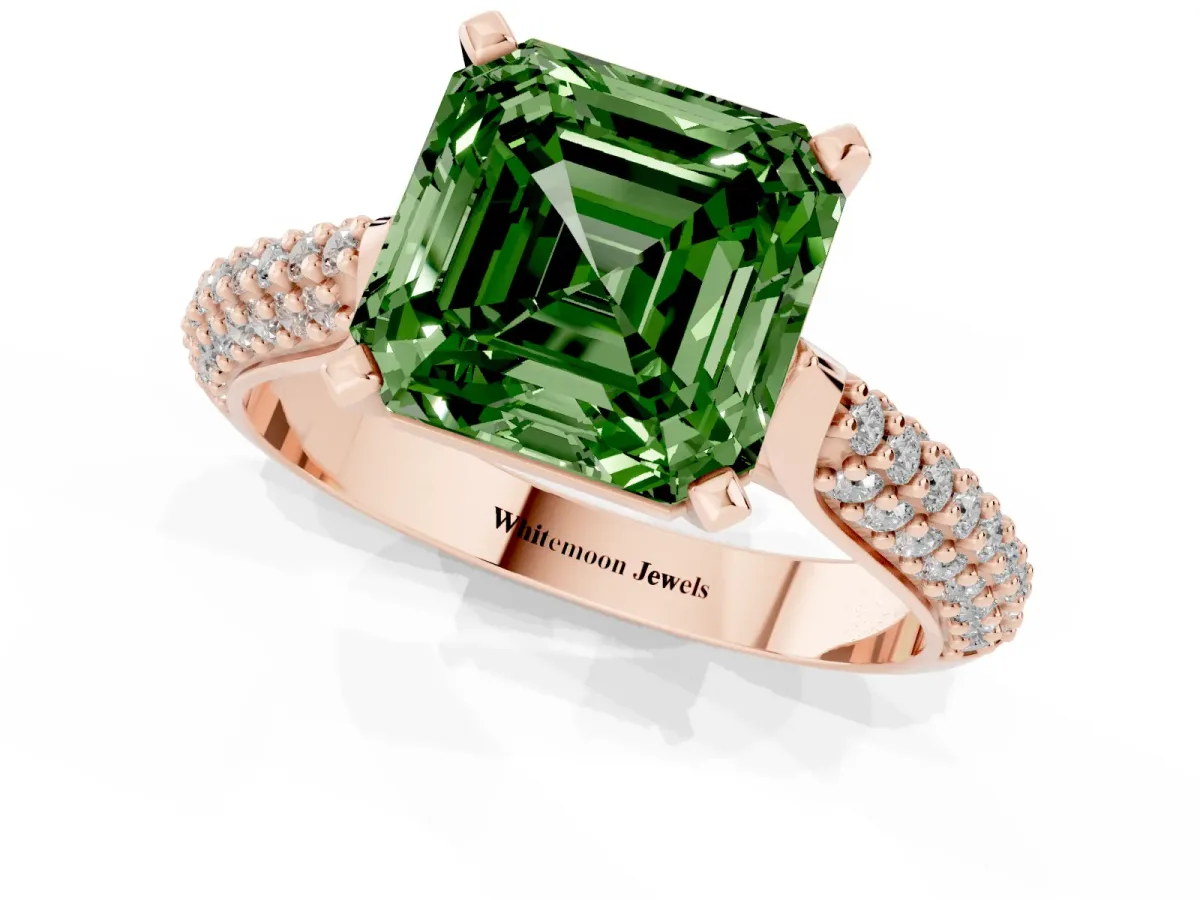 Fancy Green Asscher Cut Diamond Solitaire Engagement Ring with Multi-Row Round Pavé Band and Prong Setting Rose gold