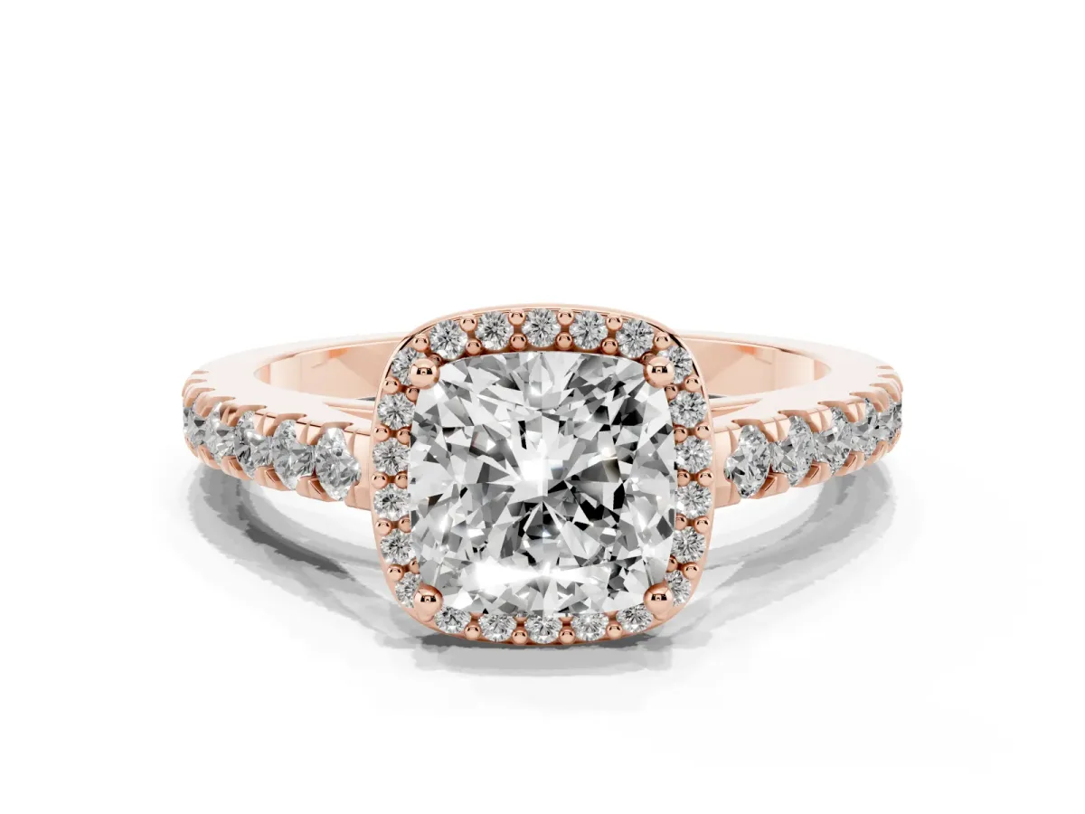 Cushion Cut Cut Halo Diamond Engagement Ring with Pave Band and Four-Prong Setting Rose gold