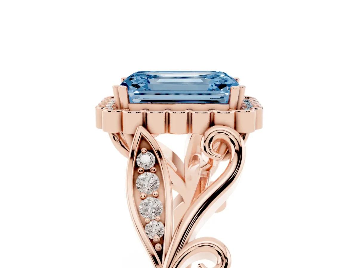 Fancy Blue Emerald Cut Diamond Halo Ring with Vintage Split Shank and Four-Prong Setting Rose gold