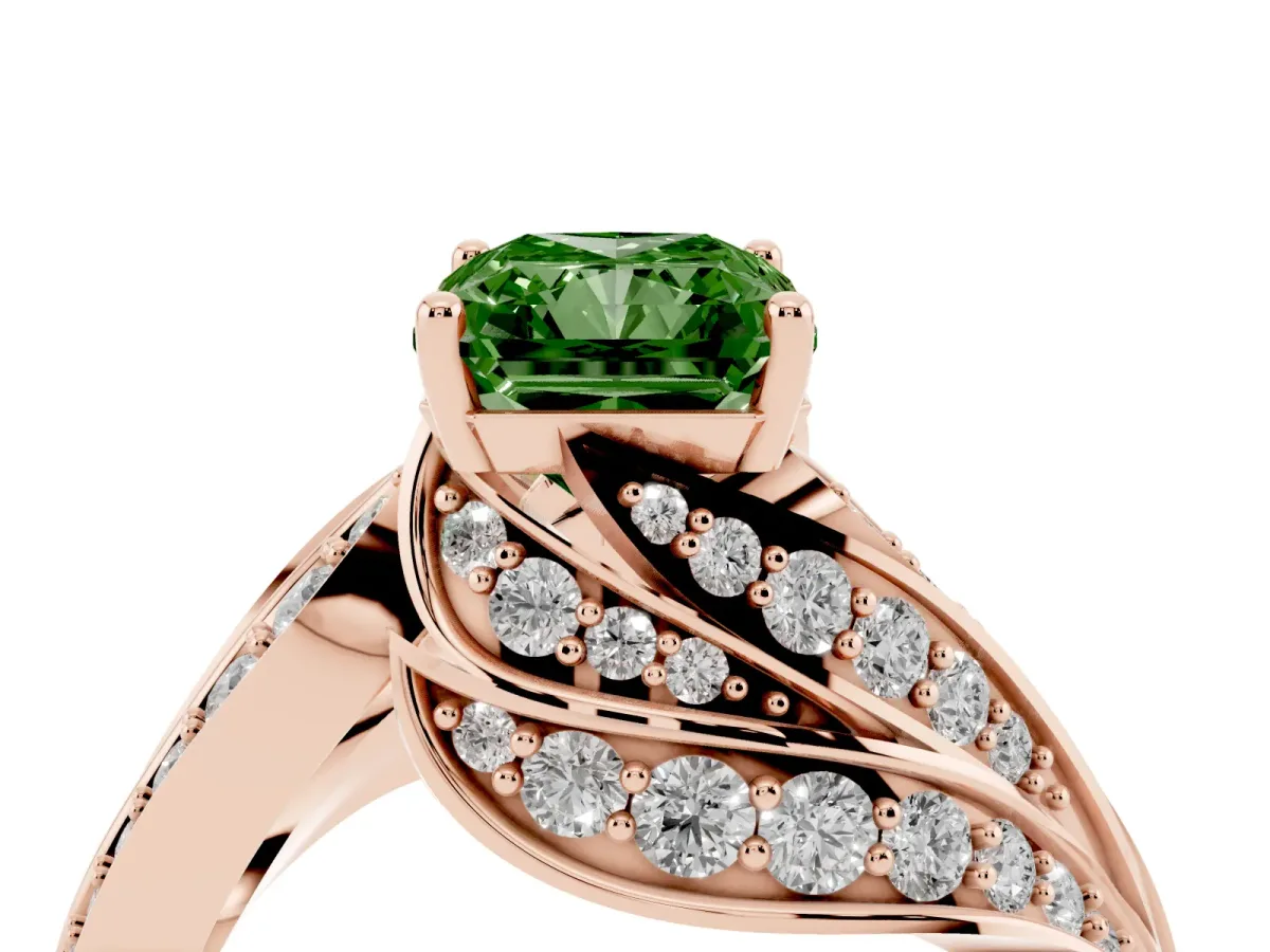 Fancy Green Radiant Cut Diamond Solitaire Ring with Prong Setting and Twisted Pavé Band Rose gold