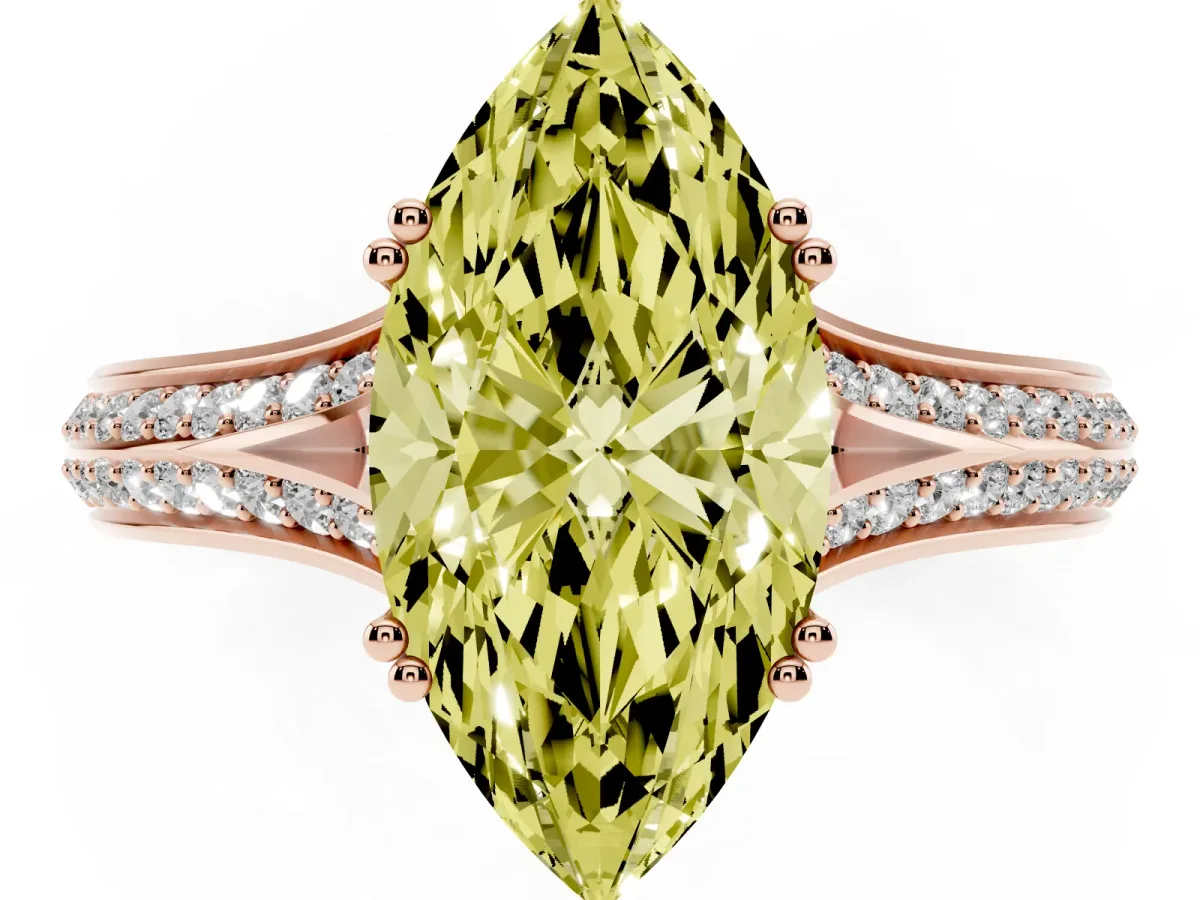 Fancy Yellow Marquise Cut Diamond Split Shank Engagement Ring with Pavé Band Rose gold